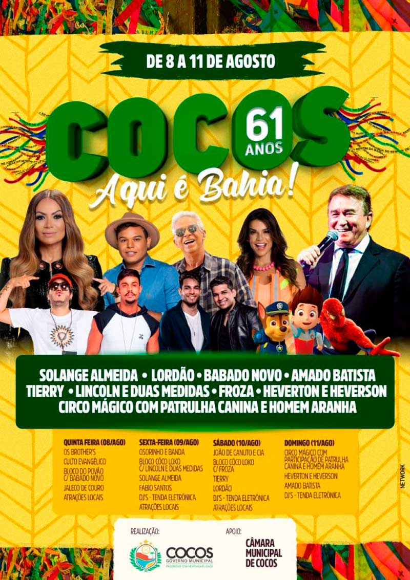 Programação da Festa de Aniversário de Cocos 2019