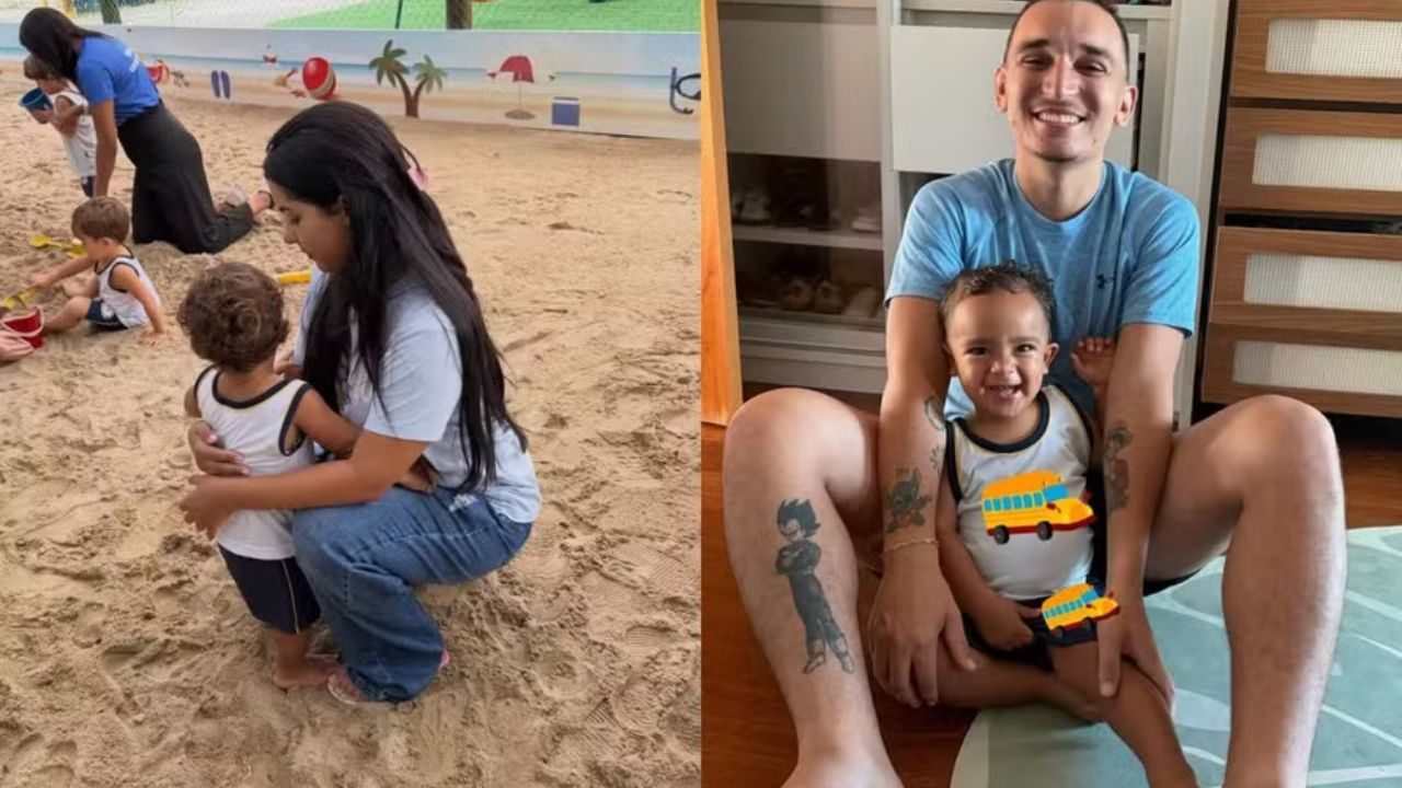 Ary Mirelle e João Gomes se emocionam ao levar o filho Jorge ao primeiro dia de aula